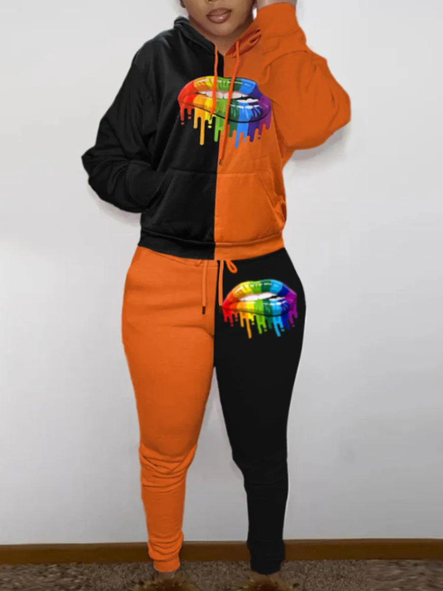 Kangaroo Pocket Hooded Tracksuit for Women - Casual Patchwork Long Sleeve Sweat Outfit