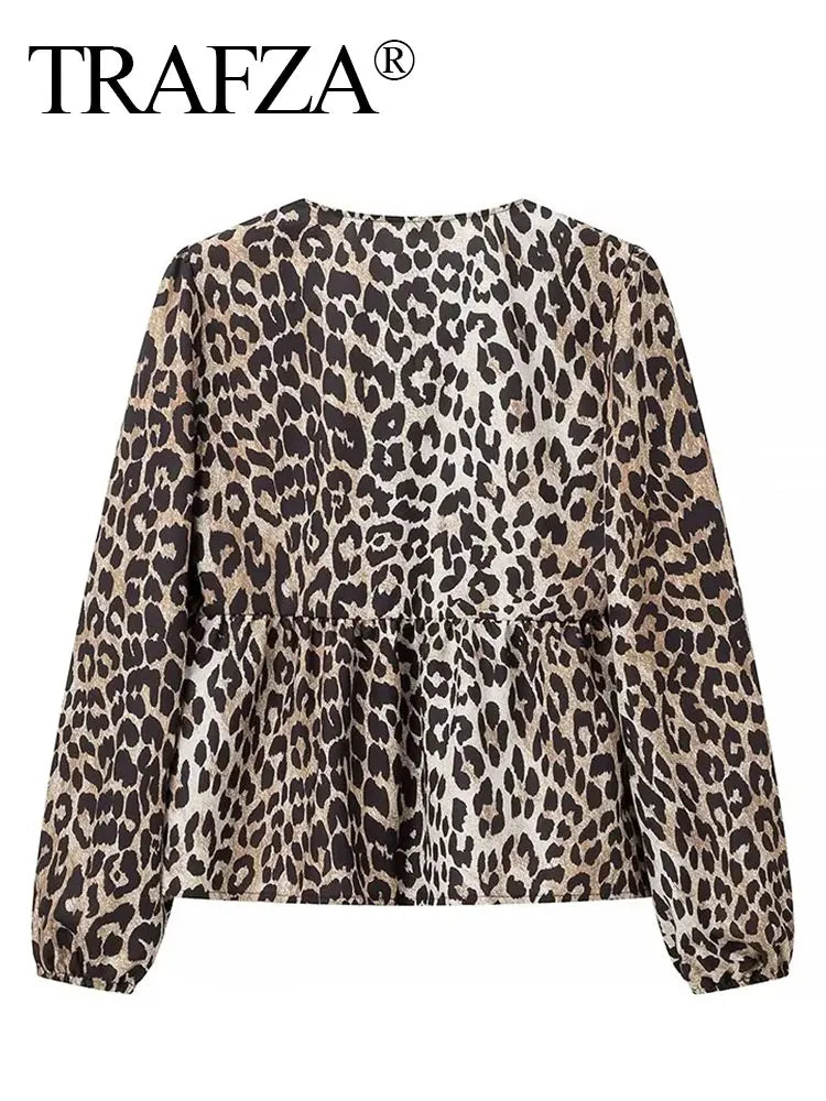 Women's Leopard Print Lace-Up Vintage Blouse Casual Loose Fit Y2K Chic Shirt