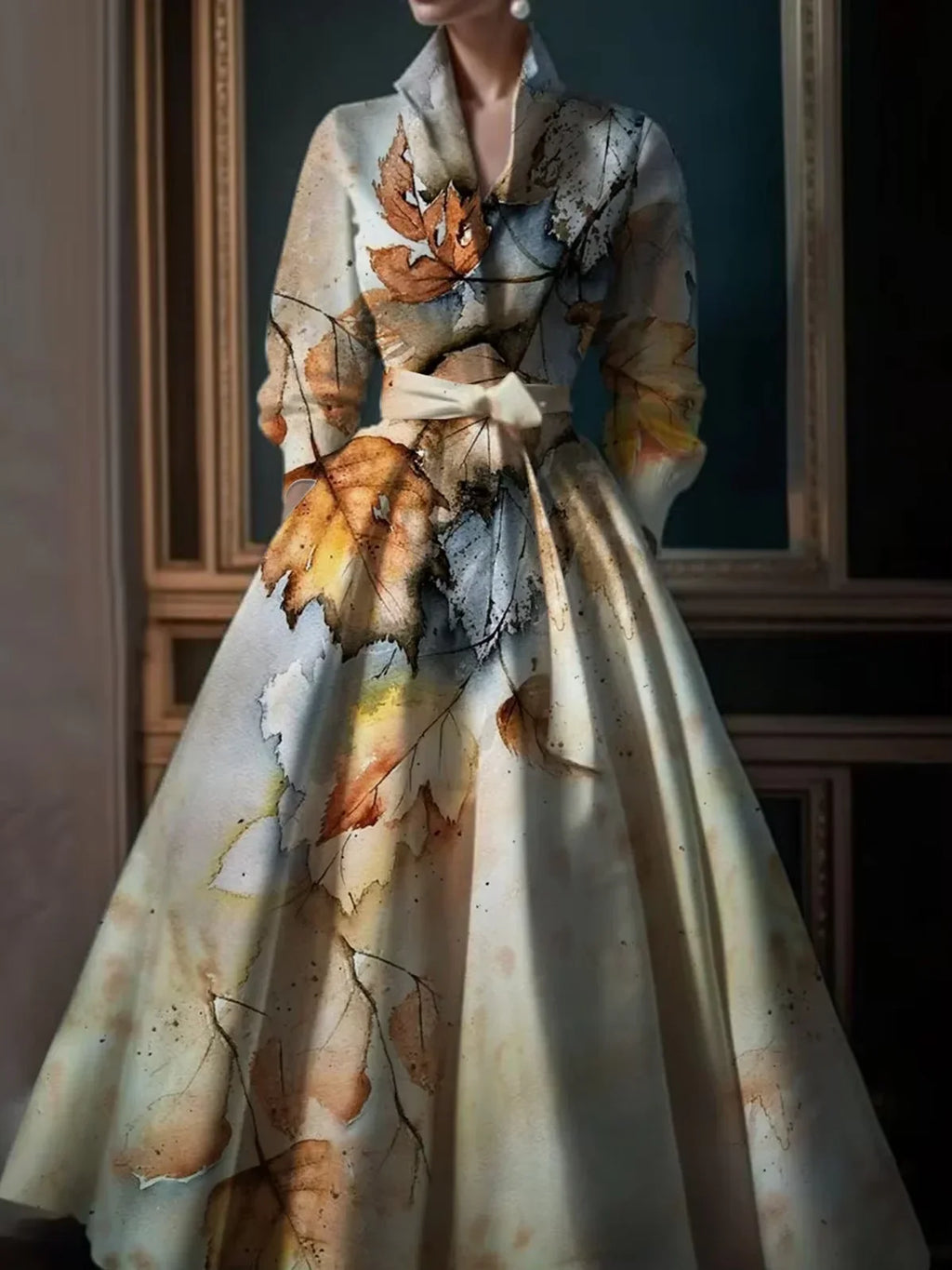 Elegant Maple Leaf Print Maxi Dress For Women Stand Collar