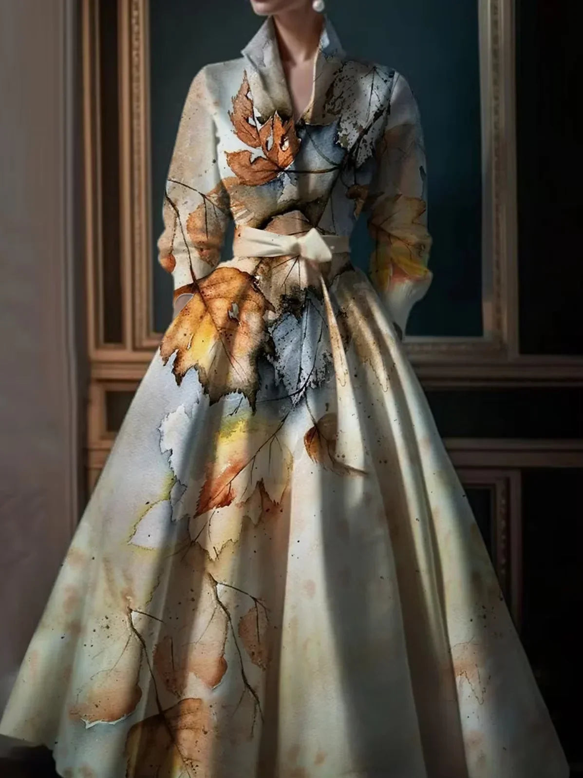 Elegant Maple Leaf Print Maxi Dress For Women Stand Collar