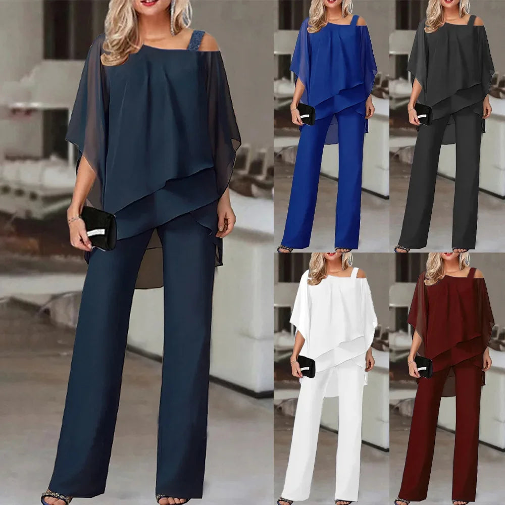 Fashionable Women's Two Piece Set with Bat Sleeve Top and Wide Leg Pants for Casual Parties