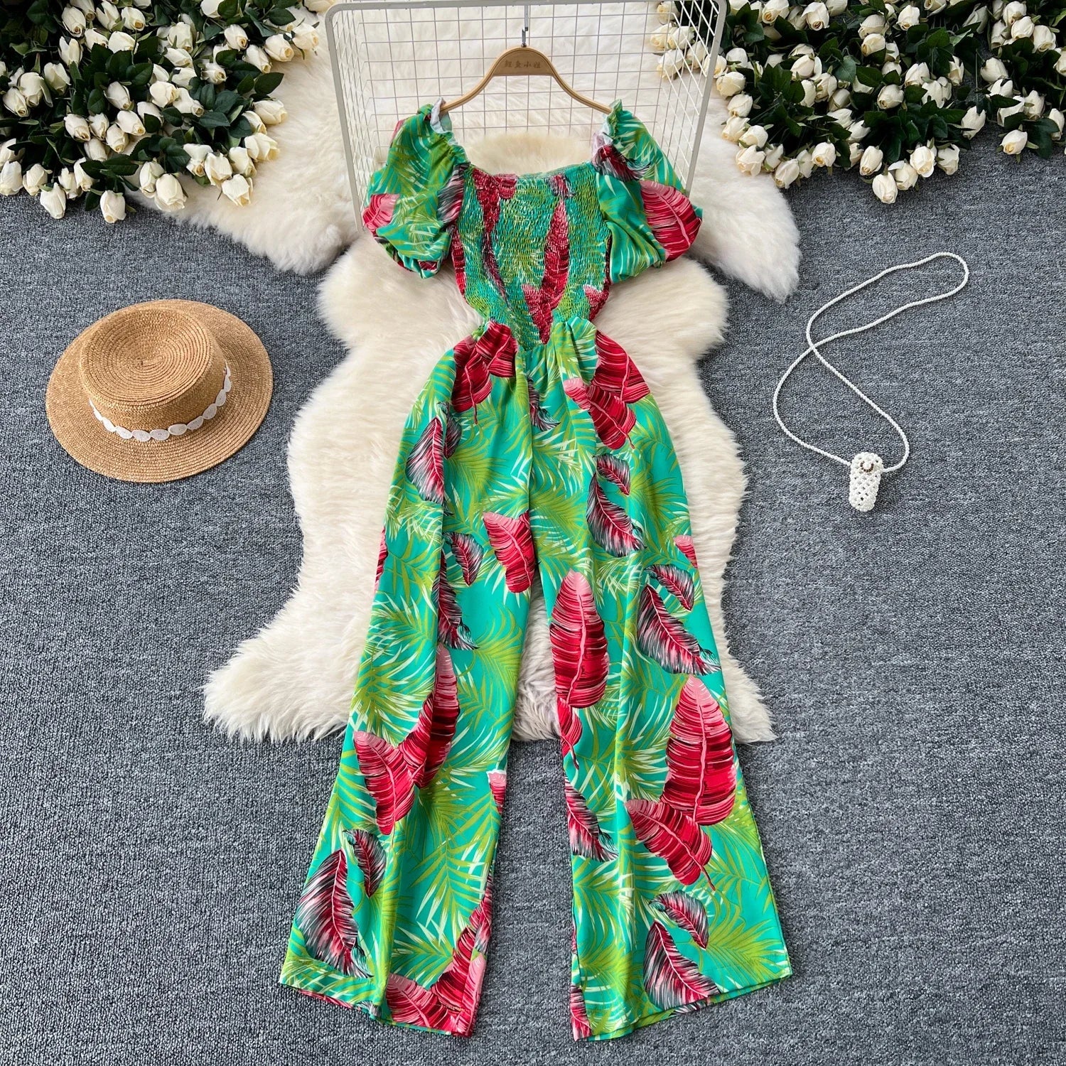 Square Neck Loose Pleated Jumpsuit with Ruffles Backless Design Wide Leg Long Pants Elegant Chic Printed Playsuit for Women