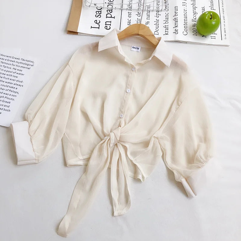 Women Buttoned Up Chiffon Blouse Tied Waist Crop Top Office Lady Shirt Thin and Lightweight