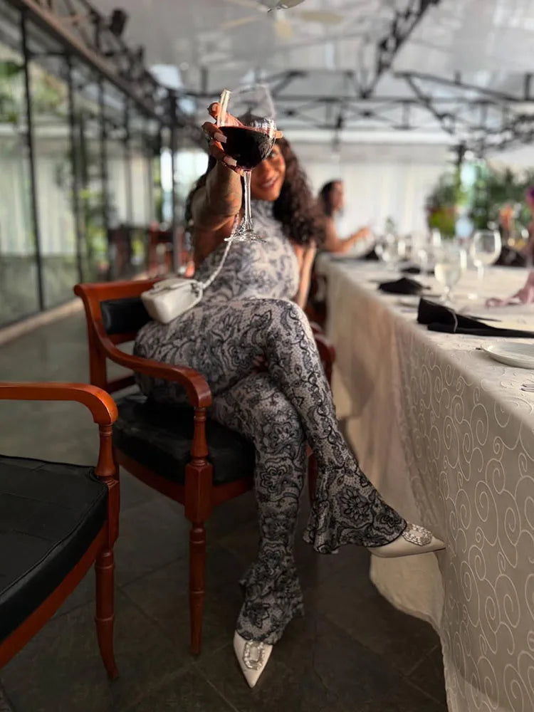 Attractive Y2K Women Jumpsuit Fashion Print Halter Neck Backless High Collar Off Shoulder Overalls for Nightclub Party