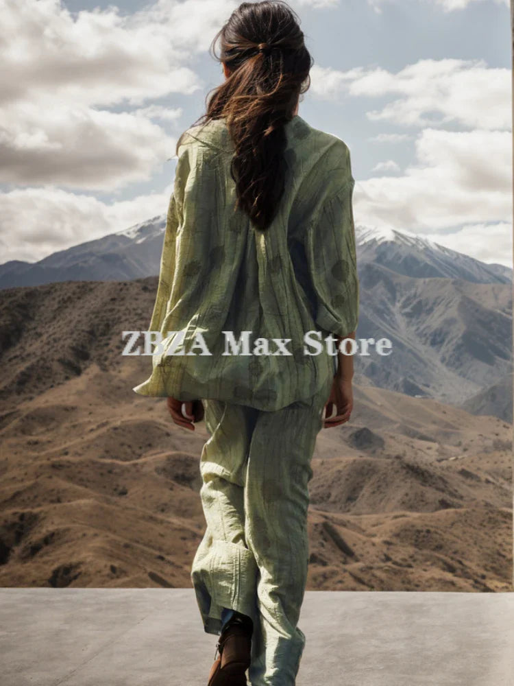 Jacquard Shirt Pants Suit for Women with Lapel Half Sleeve and Pockets, Wide Leg Pant Set for Summer Streetwear