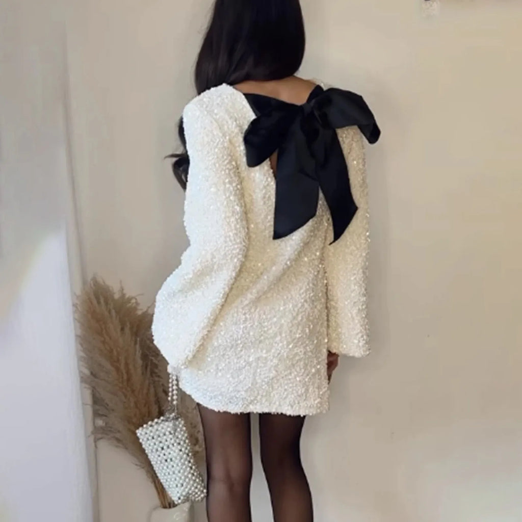 Backless Sparkling Sequin Party Dress With Bow For Women