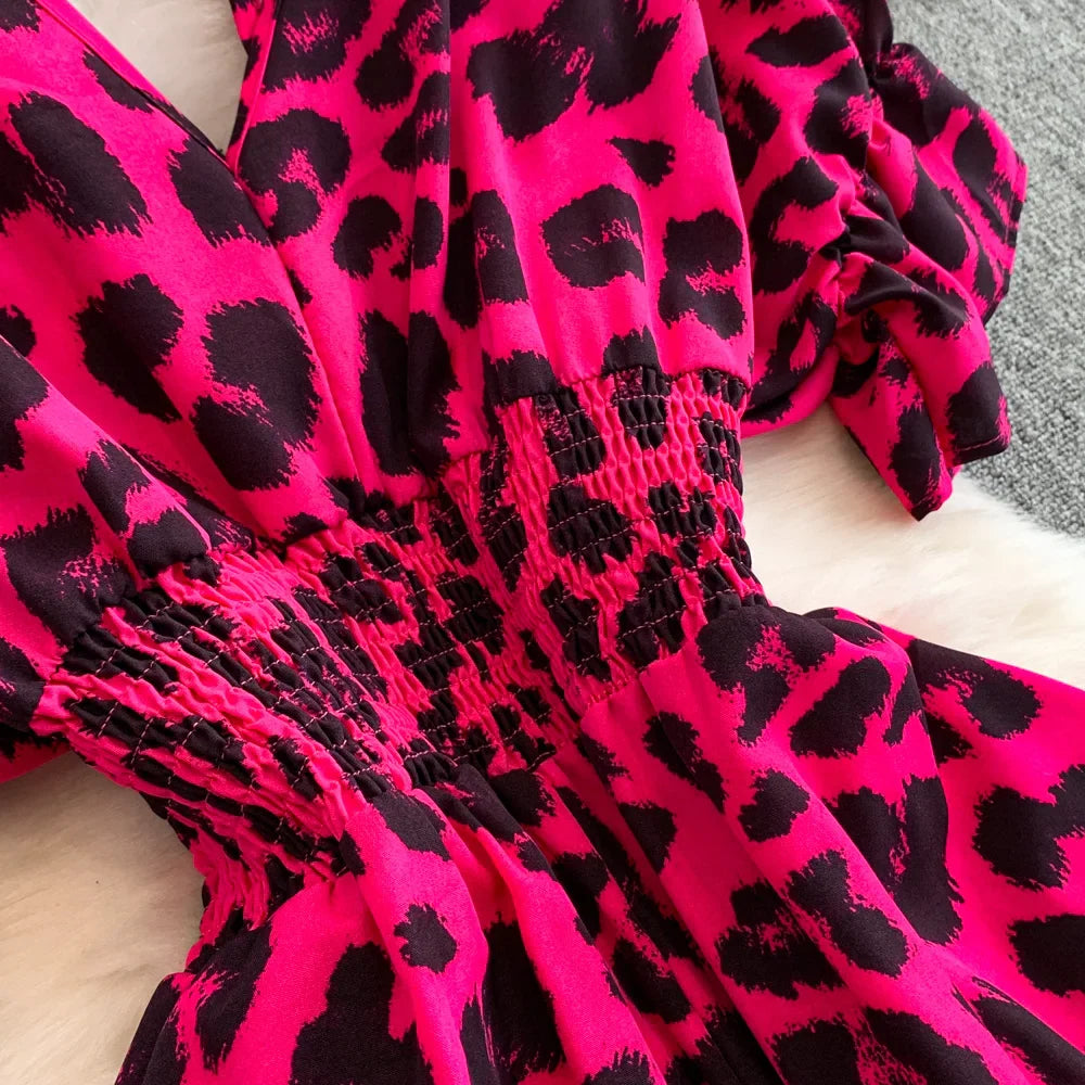 Women's Summer V-Neck Leopard Print Lace-Up Jumpsuit Short Sleeve Loose Fit Playsuit Overalls with Elegant Ruffle Detail