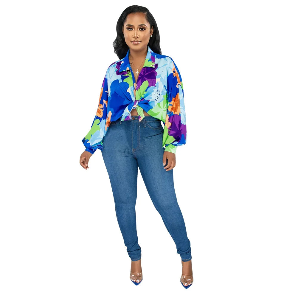 Women's Printed V-Neck Ramie Shirt Loose Bat-Sleeve Summer Top with Belly Cover Age-Reducing Design