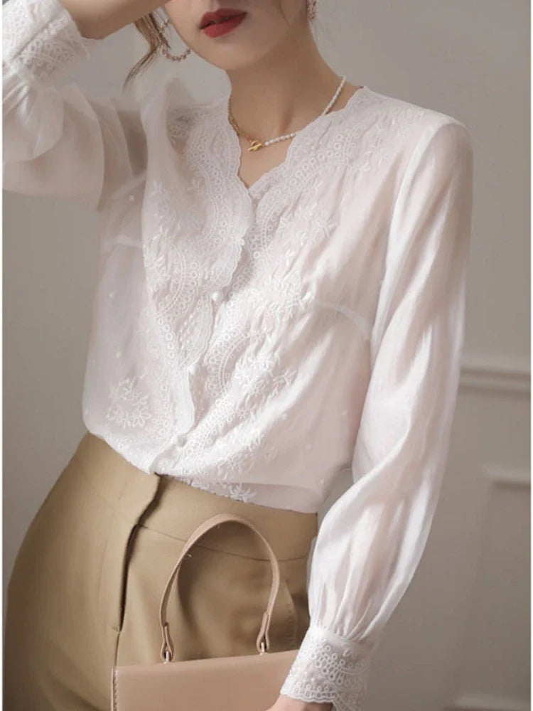 French Embroidery Flower Lace V Neck Linen Blouse Long Sleeve Loose Fit Elegant Sunscreen Shirt for Women Autumn Casual Top