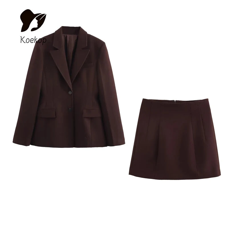 Women's Fashion Solid Color Lapel Loose Blazer with Vintage Casual Chic Long Sleeve High Waisted Mini Skirt Set