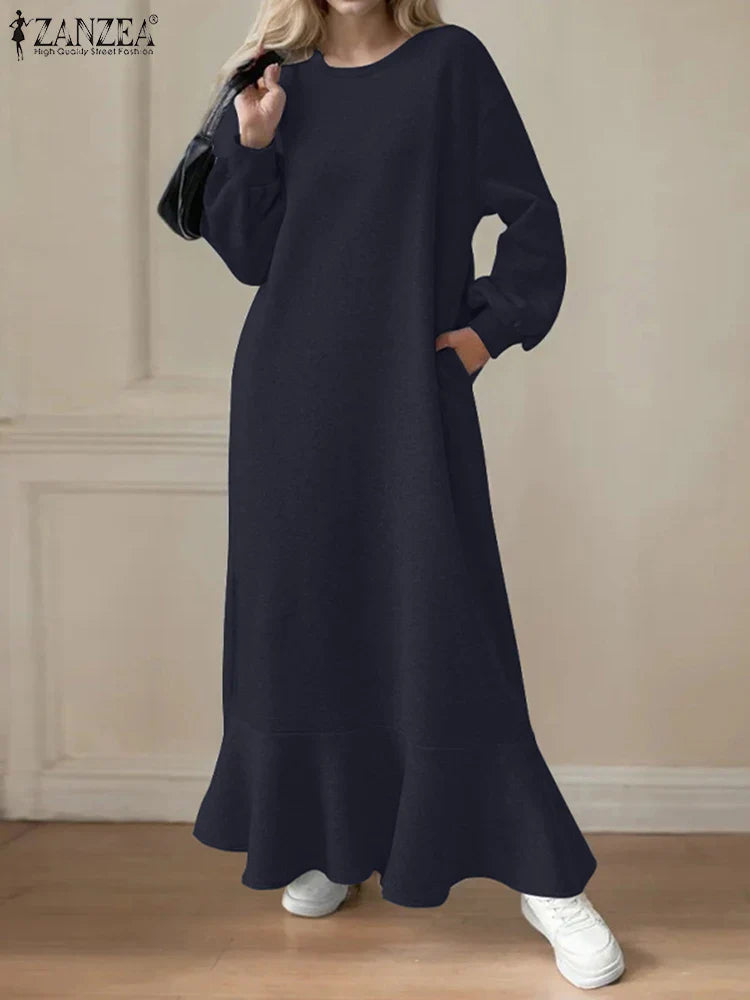 Autumn Boho Long Sleeve Sweatshirt Maxi Dress With Pockets