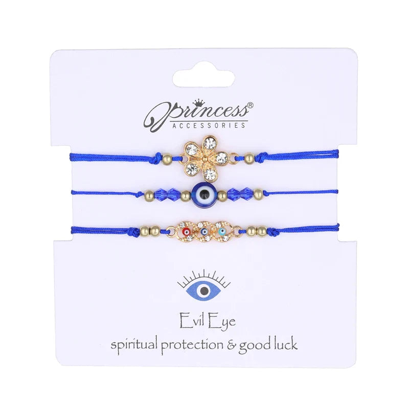 3 Pieces Lucky Turkish Blue Evil Eye Bracelets with Fatima Hand Hamsa and Butterfly Charm Handmade Jewelry