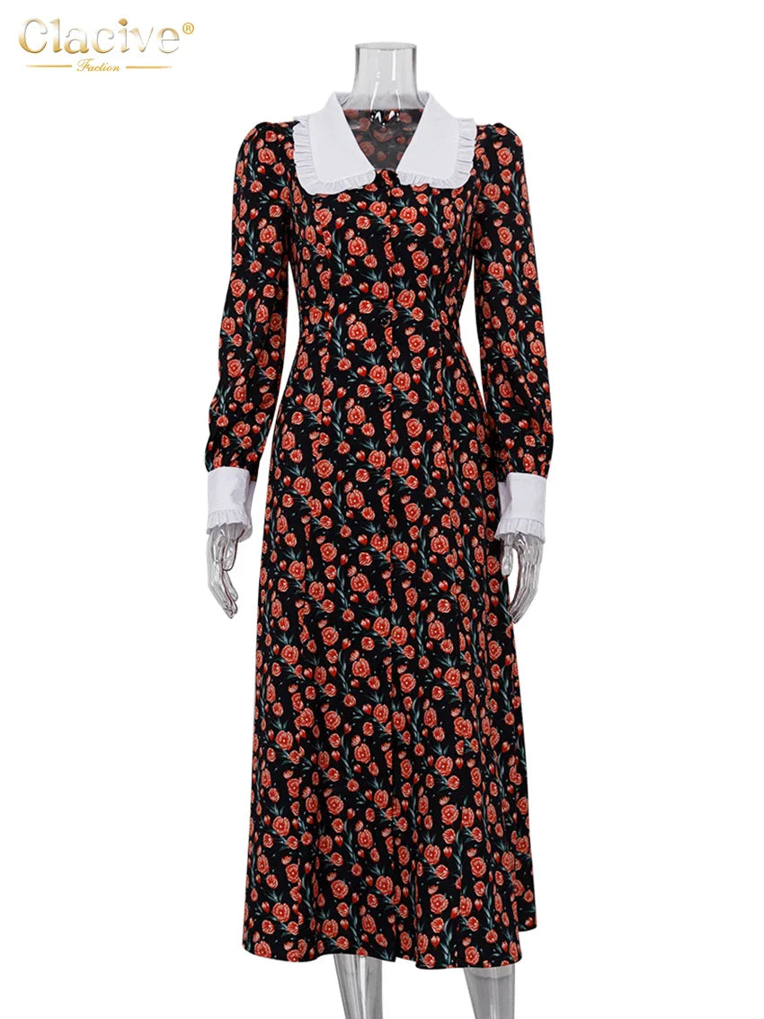 Office Midi Dress With Doll Collar Long Sleeves Elegant