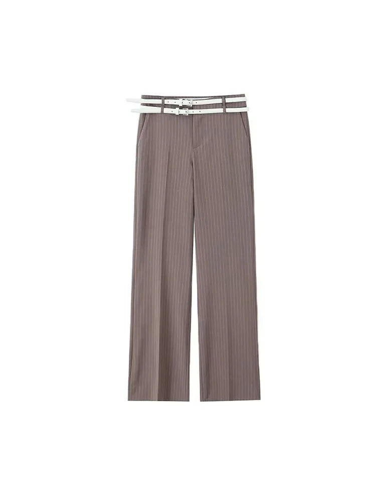 Women's Fashion Striped Two-Piece Set with Belted Waistcoat Top and Low Waist Pocketed Pants