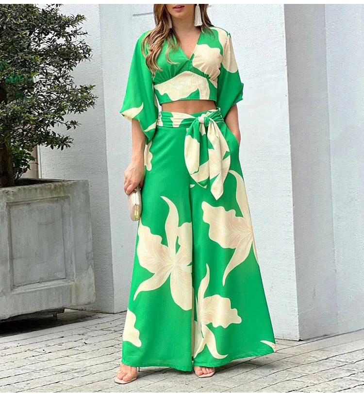 Casual Women's Two Piece Set Autumn V Neck Crop Top and High Waist Wide Leg Pants Outfit