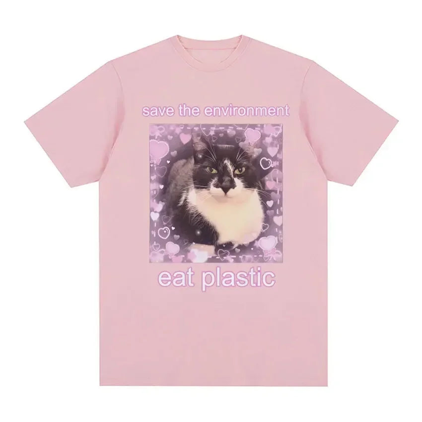 Save The Environment Eat Plastic Cute Cat Graphic T Shirt 100 Percent Cotton Oversized Tee for Men and Women