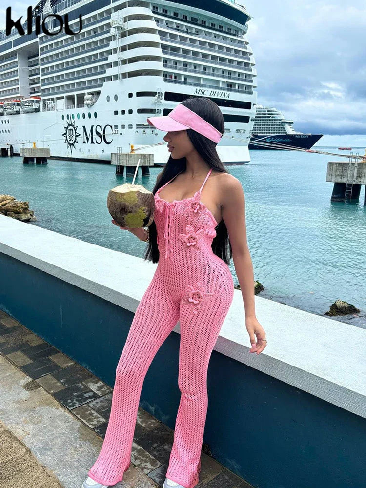 Knitted Floral Women Jumpsuit Sexy Pleated Halter Neck Bandage Low Back Skinny Overalls Trendy Solid Streetwear