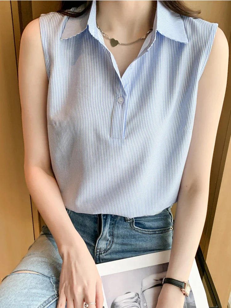 Sleeveless Casual Striped Blouse for Women Lightweight Office Blouse Basic Summer Top with Comfortable Fit