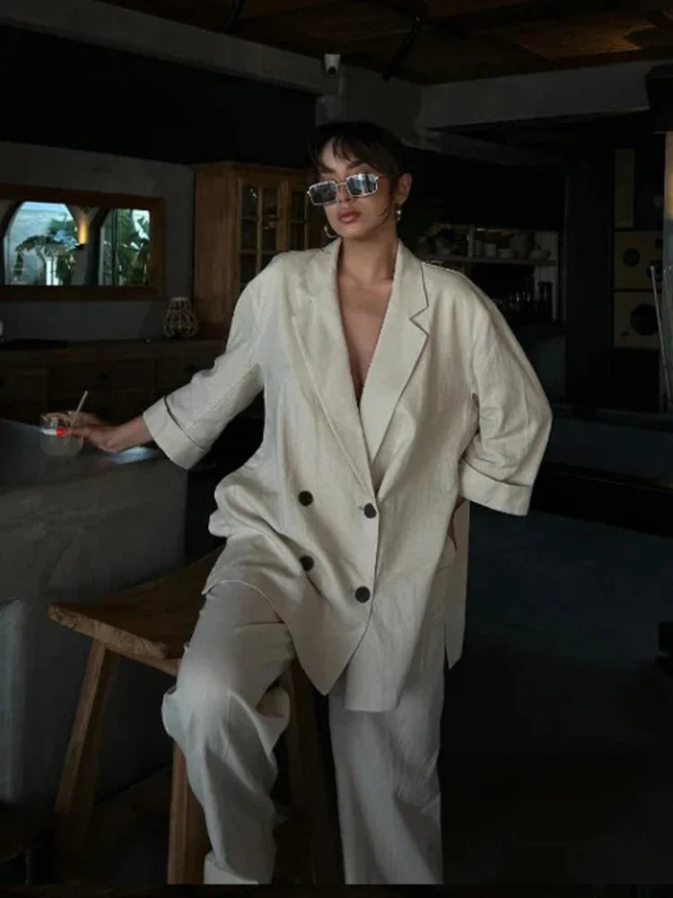 Women's Satin Blazer and High Waisted Straight Leg Pant Set with Crease Texture