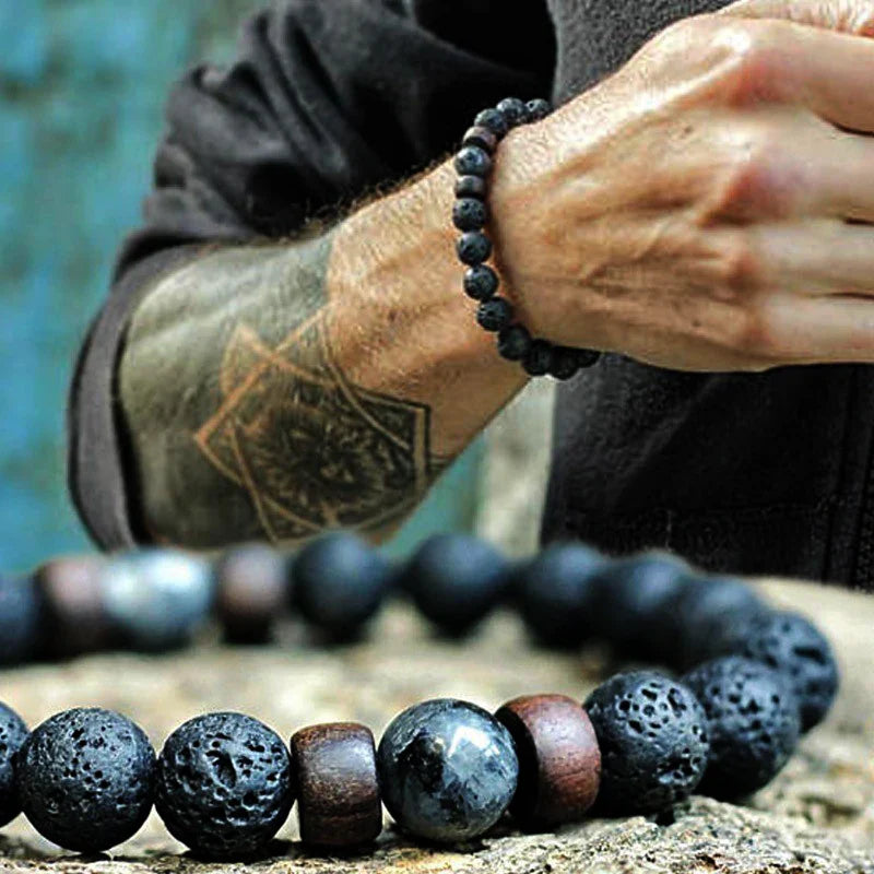 Volcanic Stone Lava Bead Bracelet for Men and Women with Tibetan Buddha Charm - Unique Natural Jewelry Gift