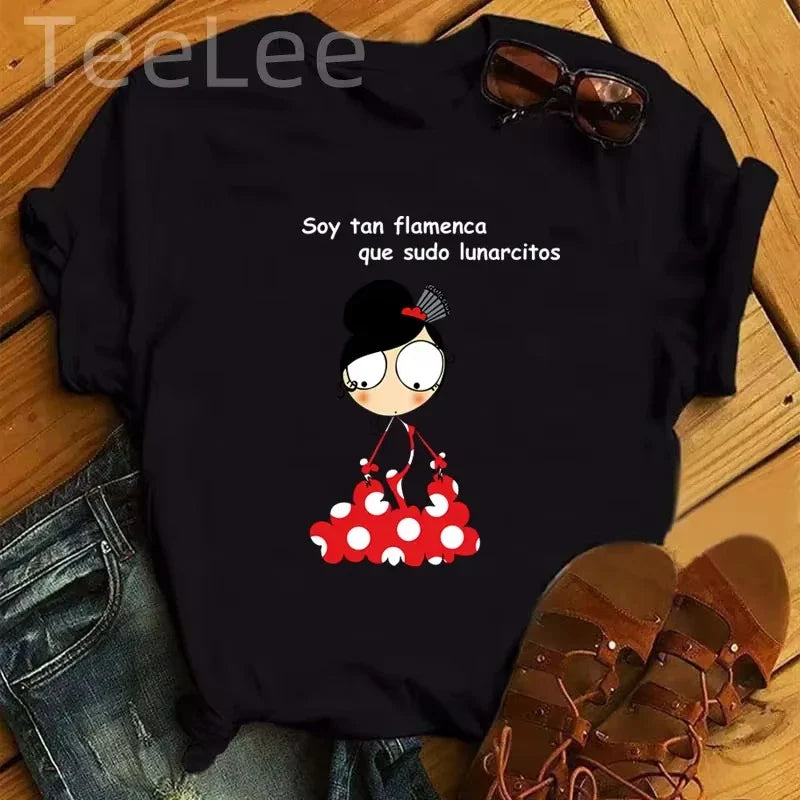 Women Cartoon Flamingo Dance Printed O-Neck T-Shirt Cute Casual Top for Daily Wear