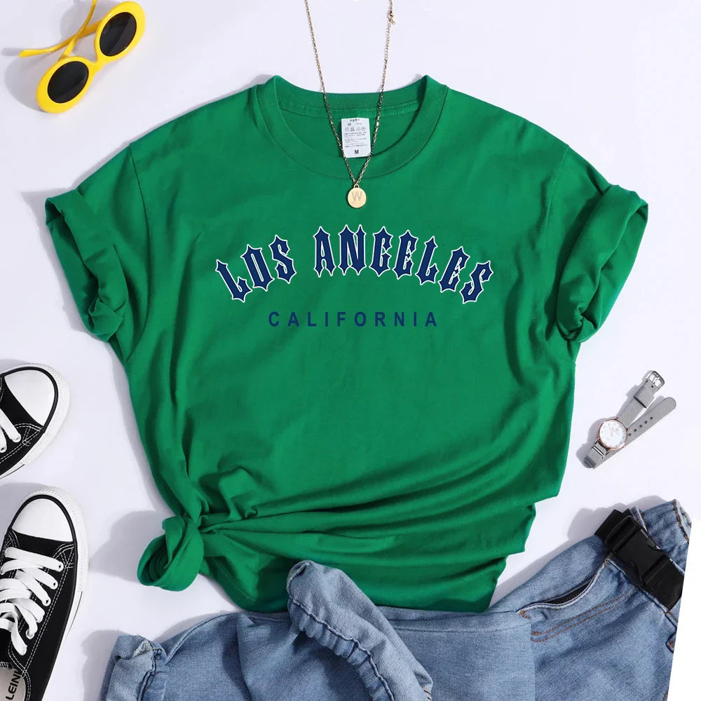 Los Angeles Letter Print Women's Casual T-Shirt Short Sleeve Crewneck Summer Style