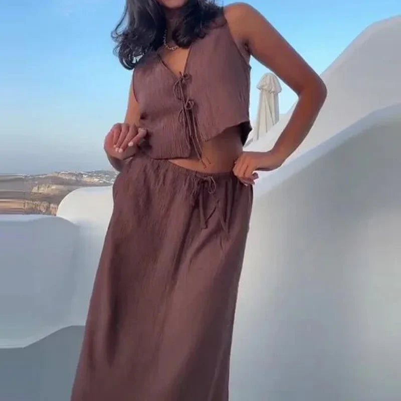 Tied Sleeveless Vest Top and High Waist Midi Skirt Two Piece Set Women's Summer Waistcoat Long Skirt Outfit