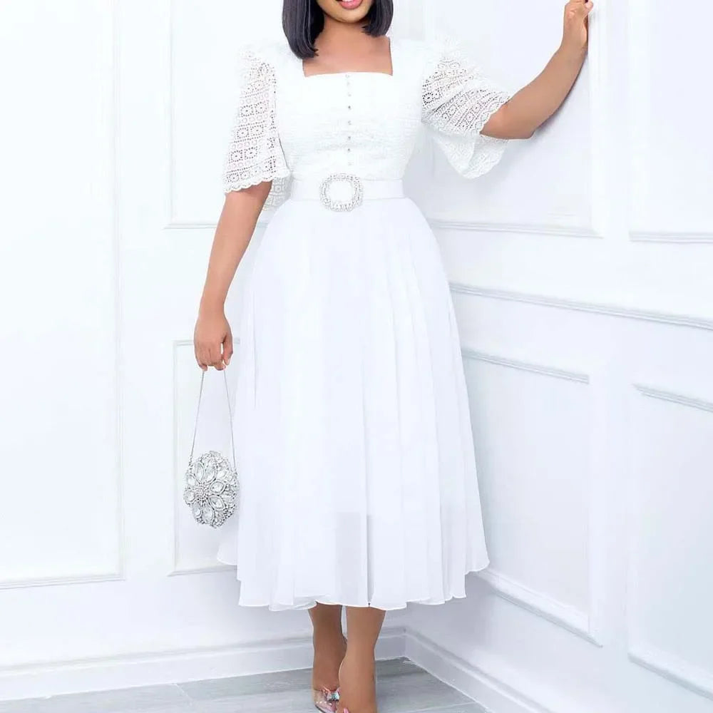 Square Neck Lace Dress Belt A Line Flare Sleeve Mid Calf