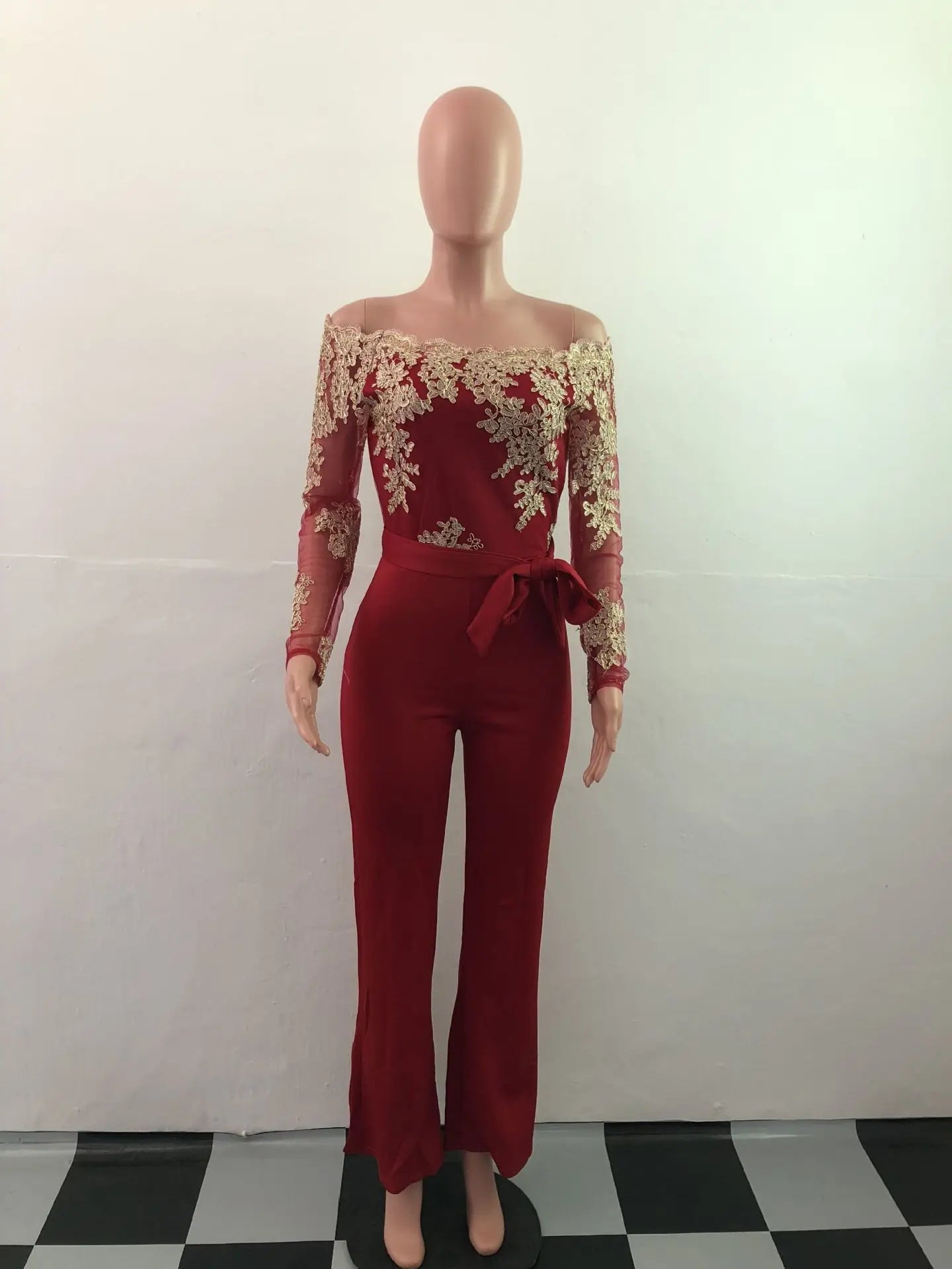 Appliques Lace Patchwork Off Shoulder Jumpsuit for Women with Slash Neck Long Sleeve and Elegant Wide Leg Pants Party Overalls