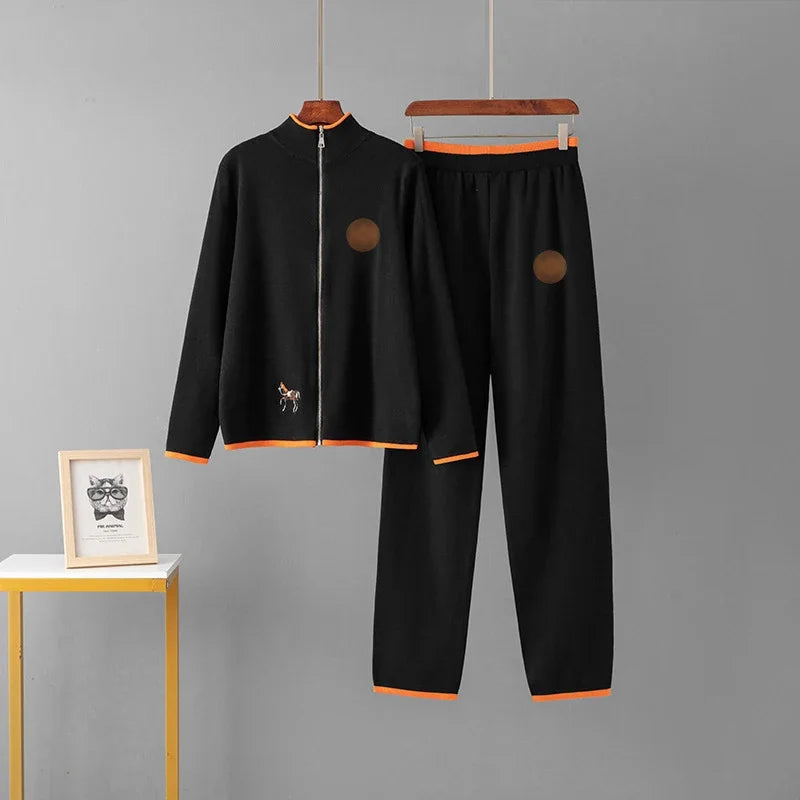 Autumn Embroidered Women Two-Piece Knit Set with Stand Collar Long Sleeve Cardigan and High Waist Straight Leg Pants