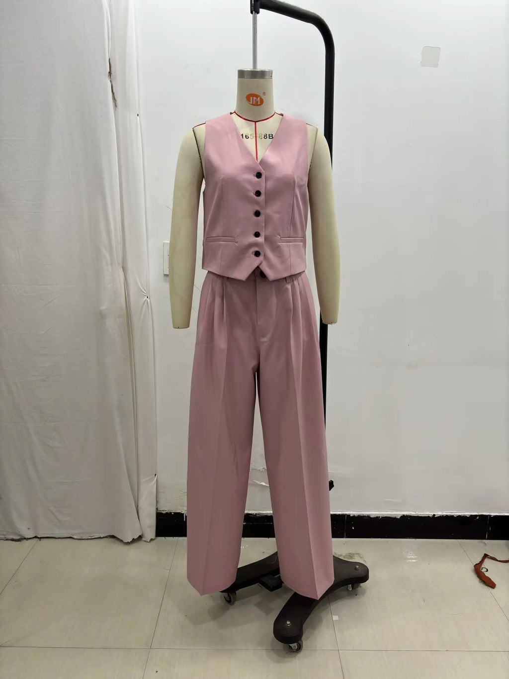 Solid Sleeveless V-Neck Vest and High Waist Zipper Loose Pants Set for Office and Casual Wear