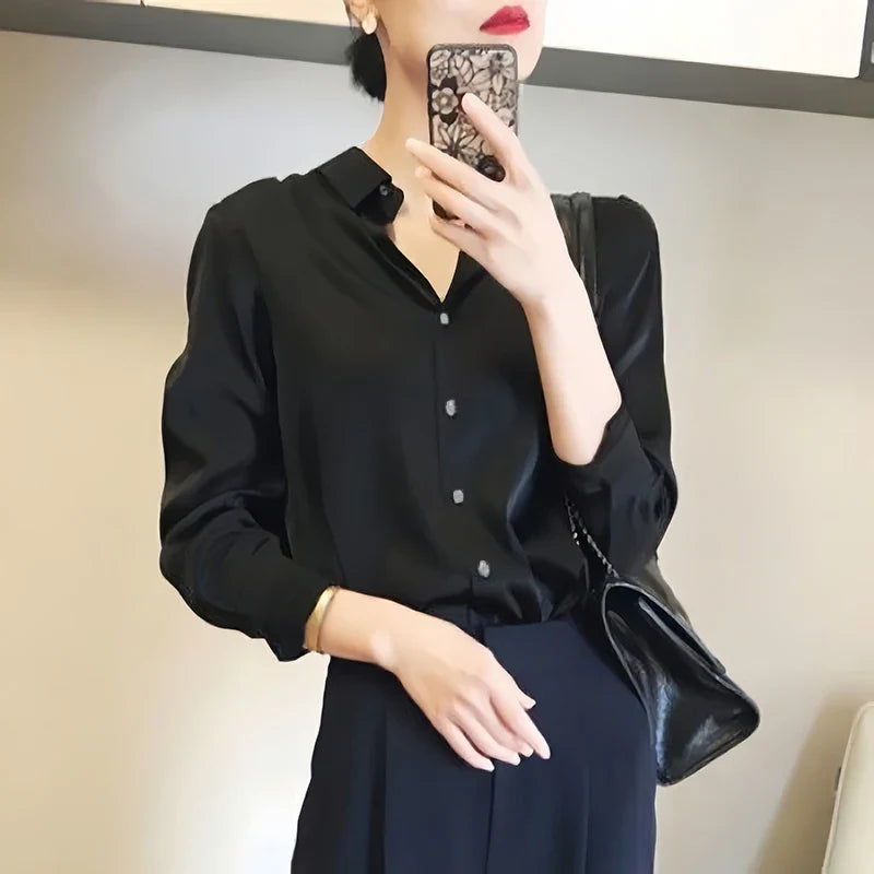 Satin Finish All-Match Blouse for Women Long Sleeve Casual Elegant Button Down Shirt Solid Color French Style Office Top