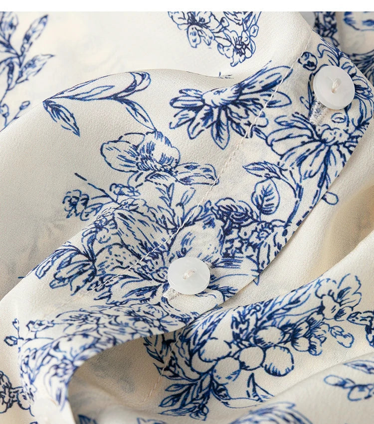 Women 100 Percent Mulberry Crepe Silk Shirt White Floral Button Down Long Sleeve Blouse Elegant Office Top M L XL