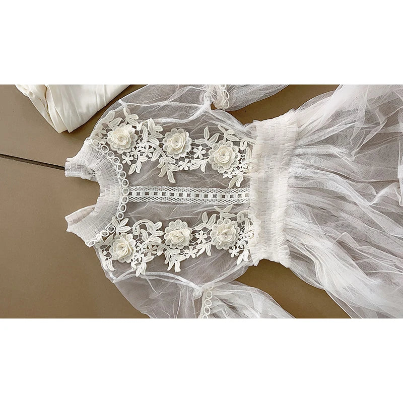 White Lace Mesh Dress With Lantern Sleeves For Women