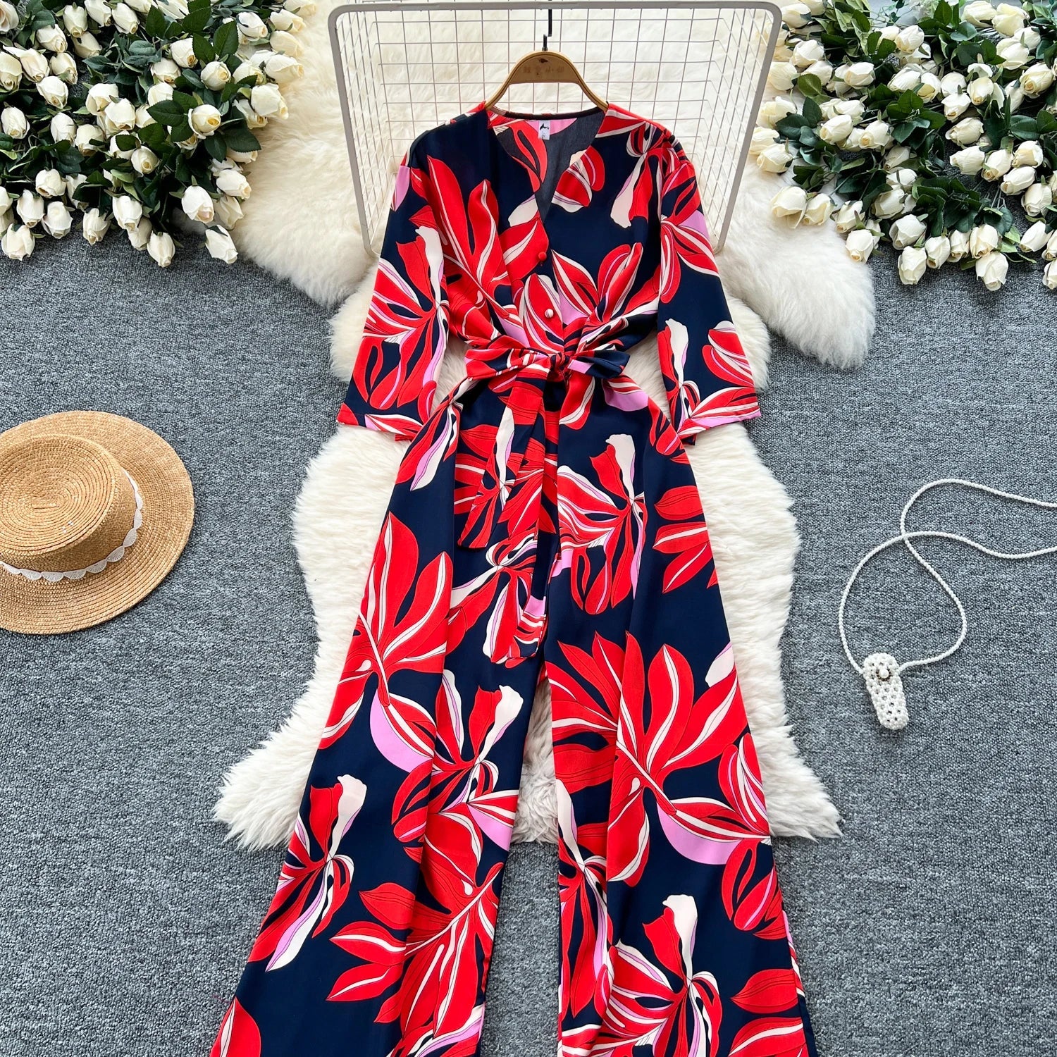 Women's Summer V-Neck Short Sleeve Lace-Up Waist Slim Fit Wide-Leg Printed Jumpsuit with Loose Straight Leg Design