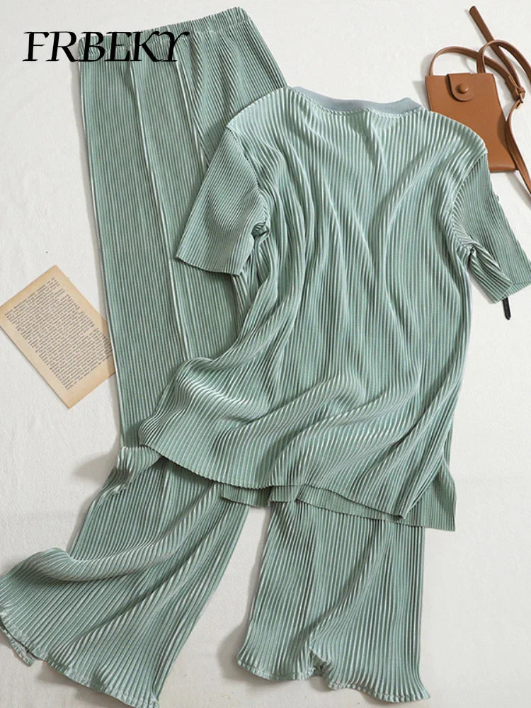 Elegant Summer Two Piece Set for Women Featuring Round Neck T-Shirt and High Waist Wide Leg Pants