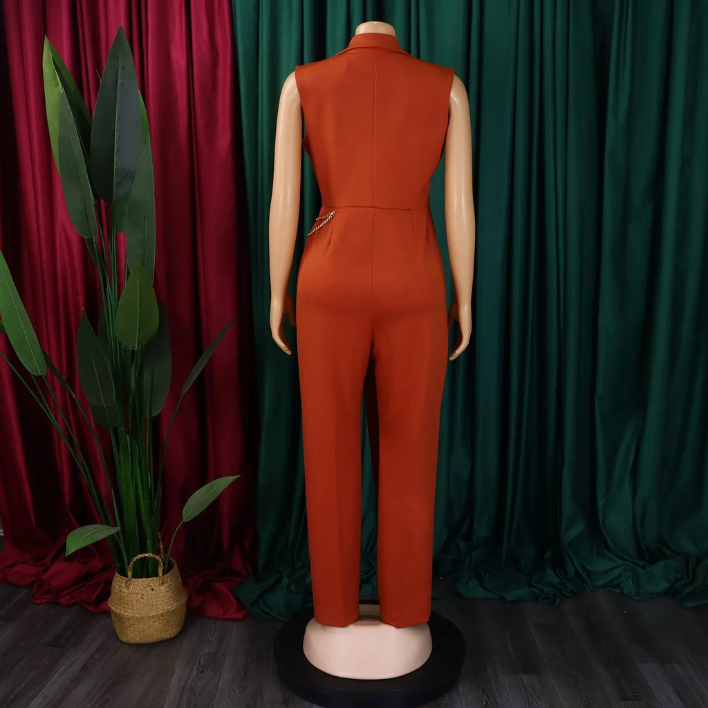 Elegant Sleeveless Jumpsuit with Turn Down Collar High Waisted V Neck Straight Leg Romper for Women Birthday Party Overalls