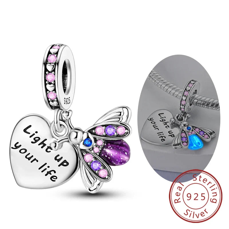 Glowing Luminous Firefly Butterfly Pendant Charm Beads in 925 Sterling Silver for Bracelet Jewelry
