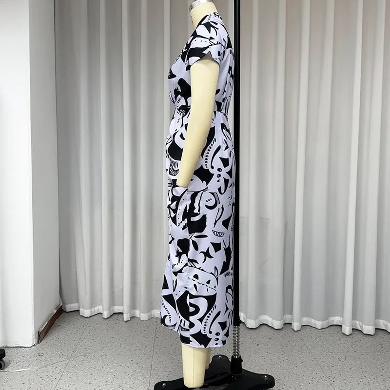 Women Long Printed V Neck Pleated Dress With Slit