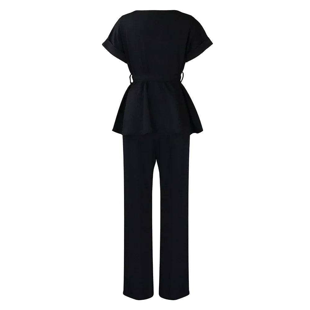 Women's Elegant 2 Piece Pants Set with Solid Blouse Short Sleeve O Neck and Long Trousers