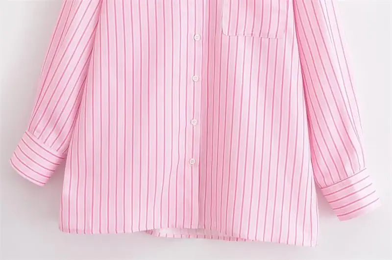 Chic Pink Striped Loose Fit Long Sleeve Blouse for Women Elegant Casual Street Style Shirt