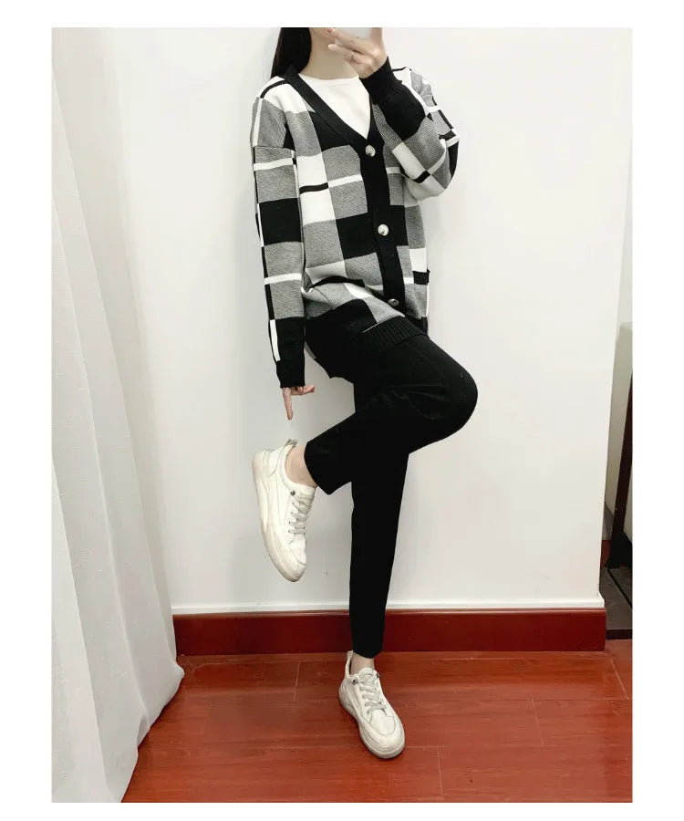 Autumn Winter Women's Plaid Knit Tracksuit Set with Cardigan Sweater Coat, Short Sleeved Top, and Solid Harem Pants
