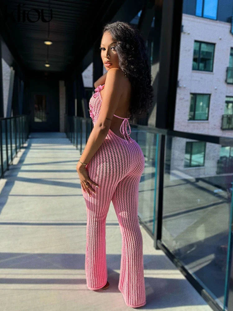 Knitted Floral Women Jumpsuit Sexy Pleated Halter Neck Bandage Low Back Skinny Overalls Trendy Solid Streetwear