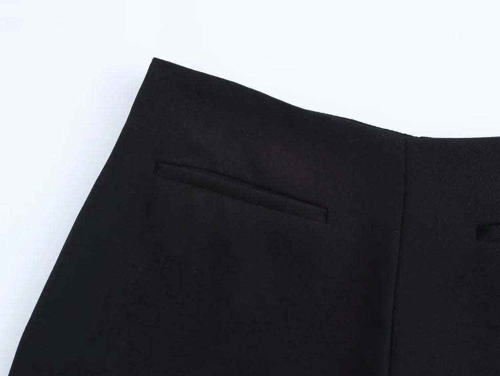 Women's Casual Black Sleeveless Split Design Vest Pants Set with Belt for Autumn Commuting