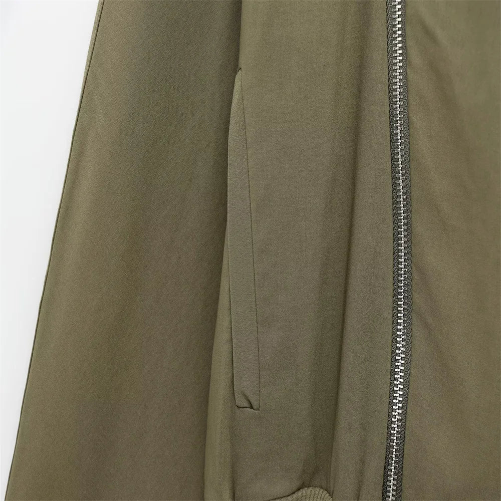 Olive Green Cowl Neck Asymmetric Zip Jacket with Elastic Waist Wide Leg Cargo Pants Set for Trendy Women's Fashion