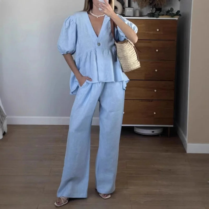 Elegant 2 Piece Set Women Casual V Neck Short Sleeve Button Vest Top and Wide Leg Pants Suit
