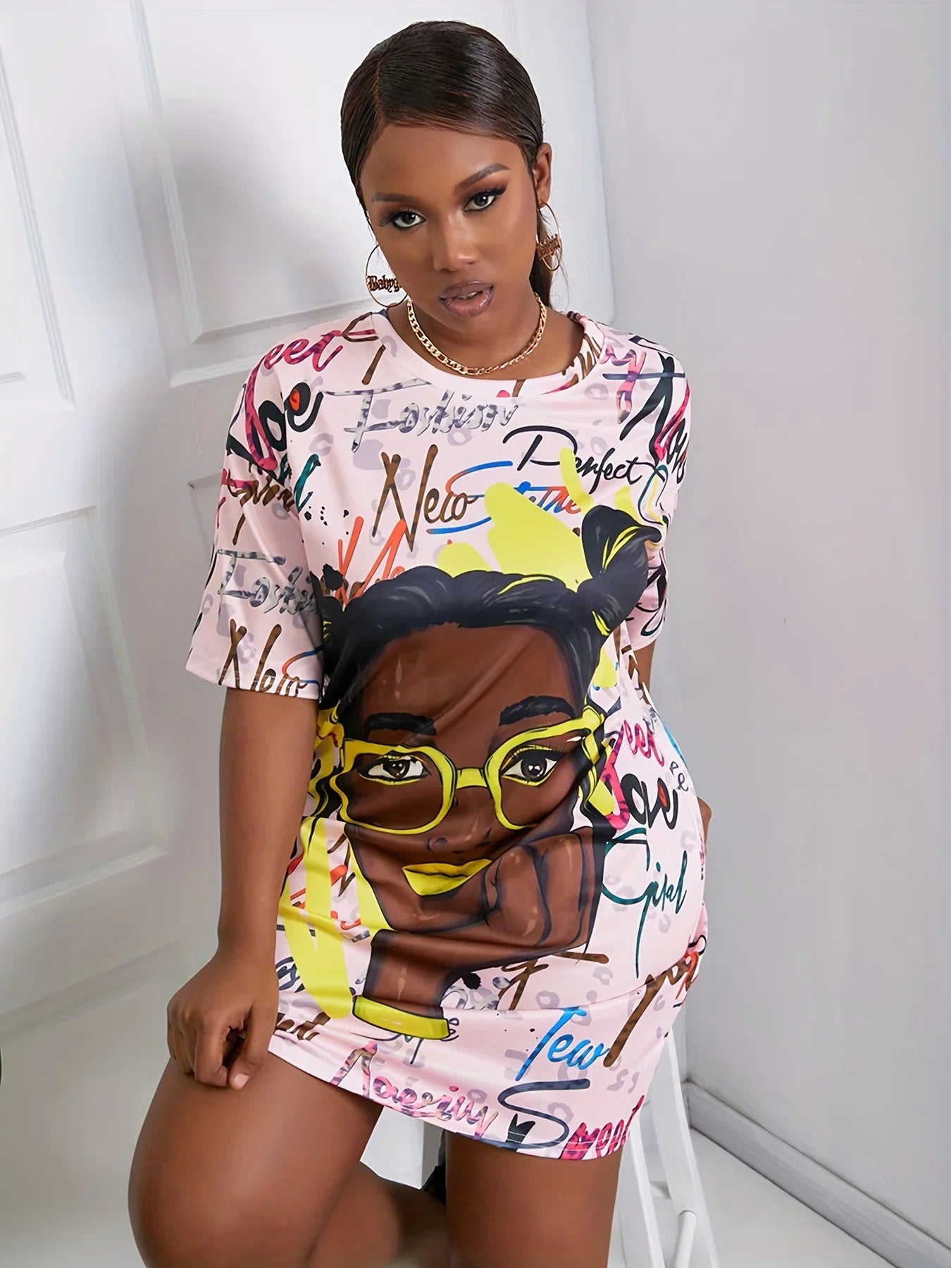 Plus Size Cartoon Print Dress O Neck Short Sleeve Summer