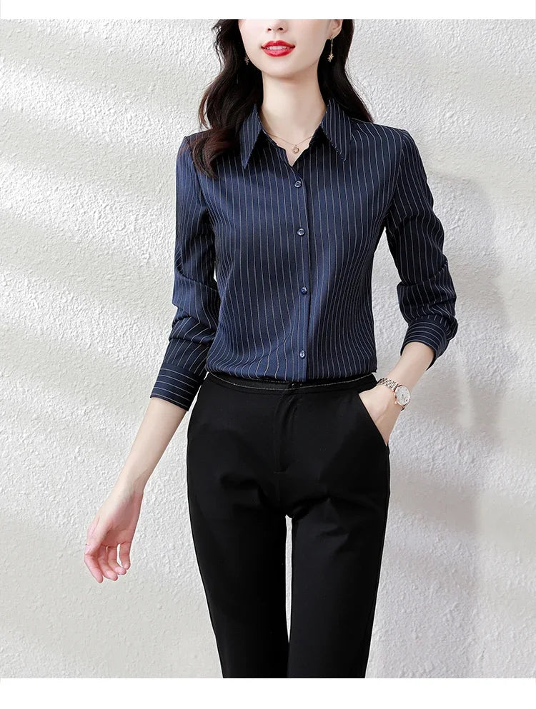 Striped Long Sleeve Women Shirt Button Up Blouse Lightweight Chiffon Tops Elegant Casual Office Wear