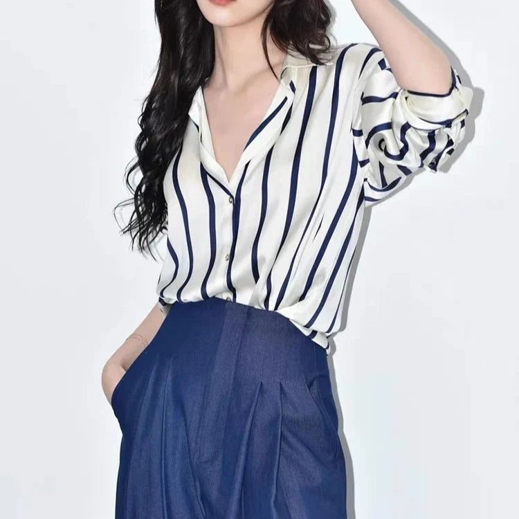 Vintage Striped Satin Women's Blouse Long Sleeve Turn-Down Collar Casual Loose Fit Shirt for Spring and Autumn