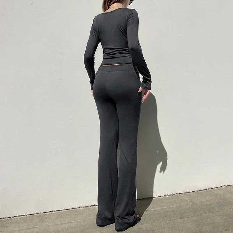 Casual V Neck Long Sleeve Top and Slim Drawstring Full Length Pants Women's Chic Low Waist Two Piece Outfit Set